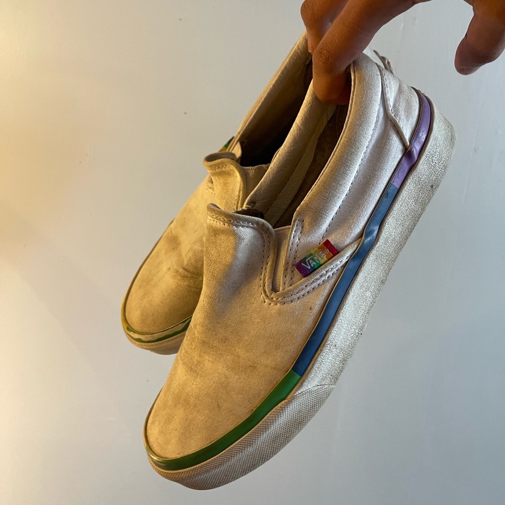 Rainbow White Slip-On Vans